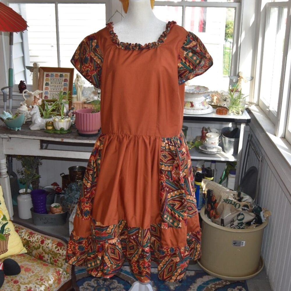 Boho Southwestern Prairie Dress Rust Orange Tribal Print Ruffle Neck Large